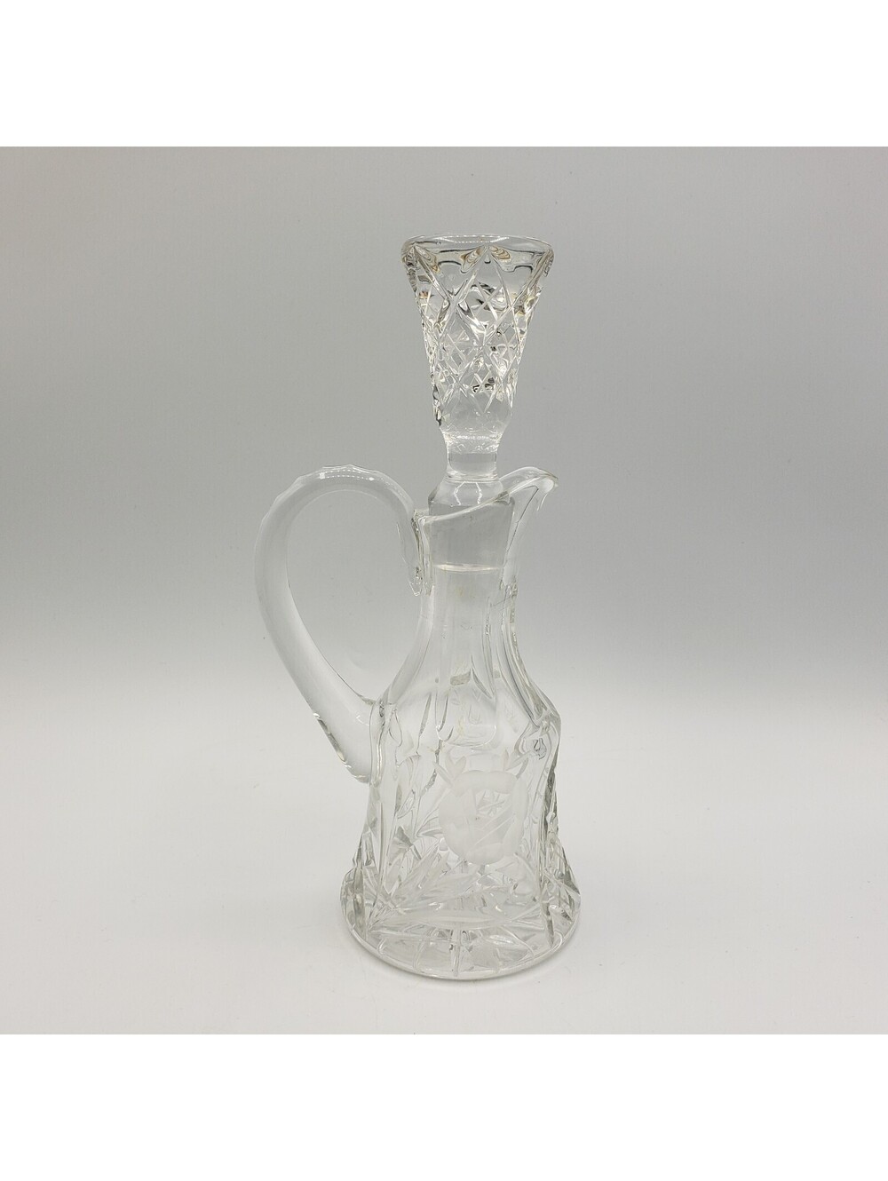 Vintage Lead Crystal Etched Cruet with Stopper Roses Elegant Glass Diamond